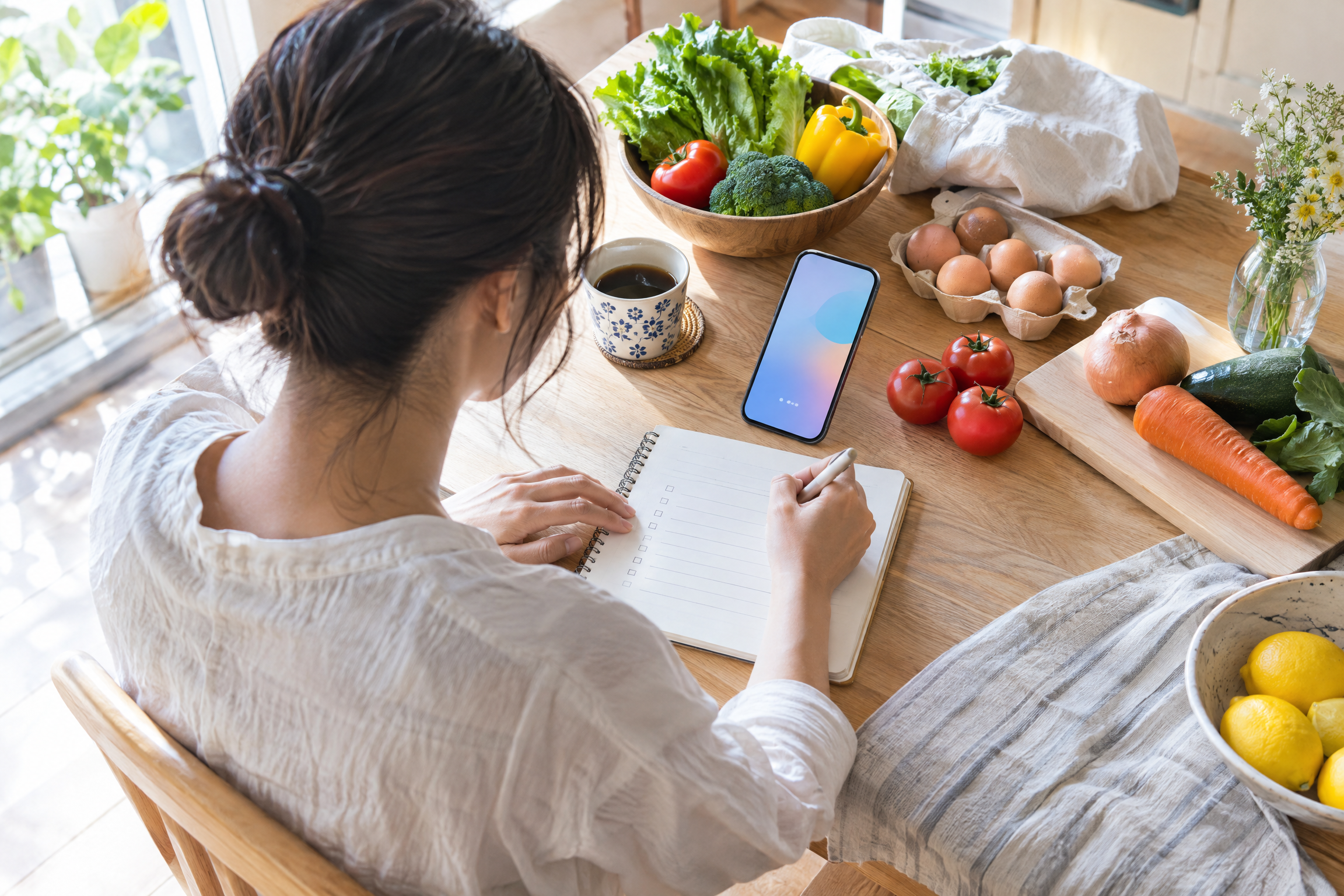 明るい台所のテーブルで、買い物のメモと食材を並べて週の予定を考える様子